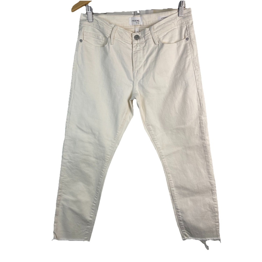 FRAME Women's 28 Cream Frayed Le Garcon Crop Jeans
